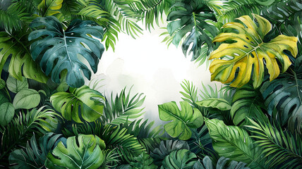 Fototapeta premium Watercolor banner tropical leaves and branches isolated