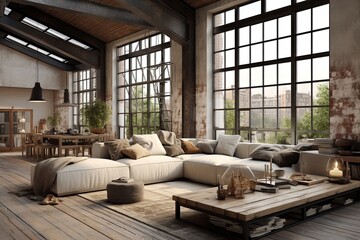 Industrial Chic Loft Living Room: Inspiring Ideas with Large Windows and Abundant Natural Light - obrazy, fototapety, plakaty