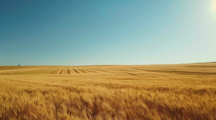 Golden wheat field and clear cerulean sky, autumn harvest - obrazy, fototapety, plakaty