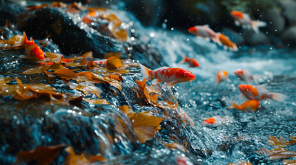 autumn leaves on the water, Goldfish swimming in a pond in the early morning with sun rays, Fishes go for spawning upstream - obrazy, fototapety, plakaty