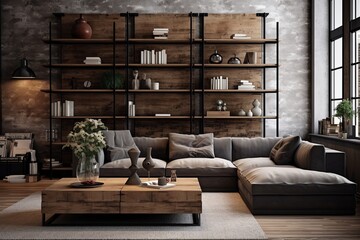 Industrial Chic Loft Living Room: Wall-Mounted Shelves & Stylish Storage Solutions