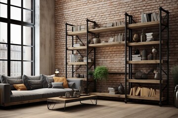 Wood and Metal Industrial Chic Loft Living Room Ideas: Minimalist Decor and Shelves
