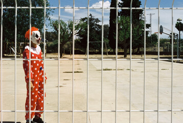 scary clown standing in an outdoors sports court, 35mm