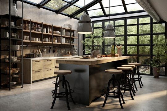 Concrete Industrial-Chic Kitchen Concept: Metal Bar Stools & Glossy Finishes