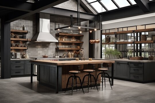 Industrial-Chic Kitchen Concepts: Concrete Floors, Metal Bar Stools, Exposed Ductwork Delight