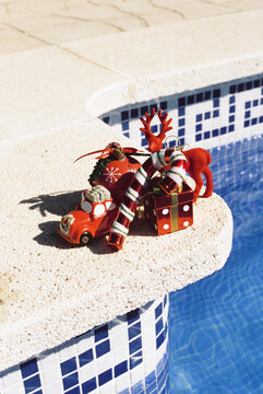 christmas ornaments in the swimming pool, 35mm film