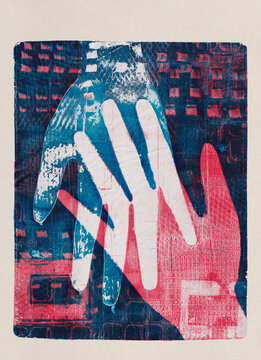 Acrylic hand monoprint in red, white and blue