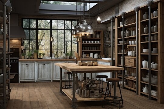 Industrial Light Fixtures | Rustic Wood Cabinets | Metal Shelves: Stylish Kitchen Concepts
