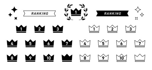 王冠マークに1から10までの数字が入ったランキングアイコンのセット。順位を表すバッジ。
