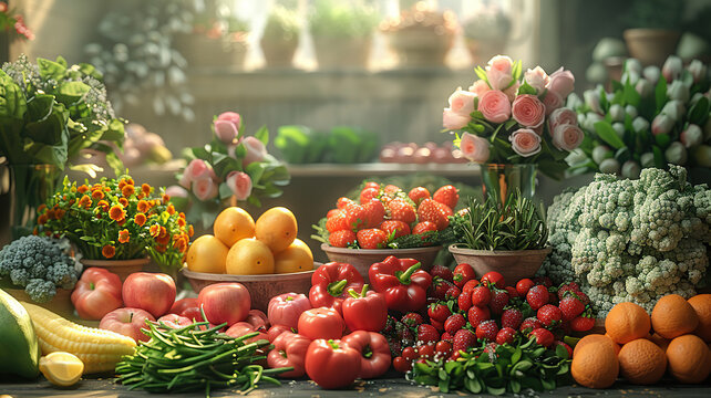 Fresh produce on display at a vibrant farmers market