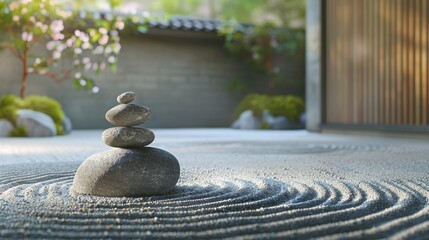 Zen garden with smooth stones and tranquil colors under soft light