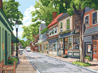 An urban painting featuring shops, trees, and buildings on a small town street - obrazy, fototapety, plakaty