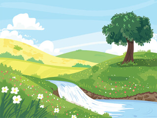 a cartoon illustration of a river flowing through a lush green field with a tree in the foreground
