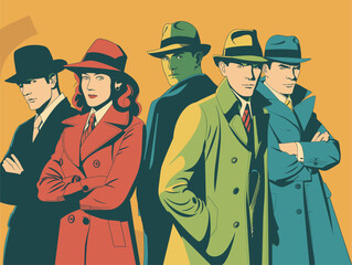 Men and a woman in hats and blazers with crossed arms - obrazy, fototapety, plakaty