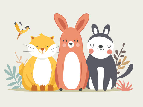 Cartoon rabbit, cat, and fox sitting together, happy and content