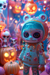 Adorable 3D festival goers in a world of pastel pumpkins and sugar skulls epitomizing kawaii Halloween charm