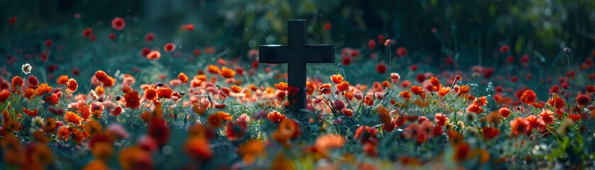 Amidst a field of blossoming flowers a simple cross emerges symbolizing rebirth through faith and the eternal promise of spiritual salvation(1) - obrazy, fototapety, plakaty