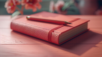 3d render illustration of book stock with pencil on Coral color background professional photography
