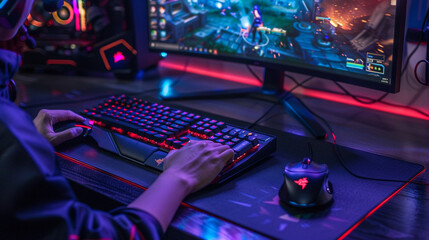 A person playing a strategy game on a powerful gaming PC