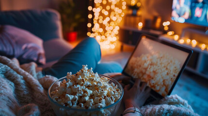 A person streaming a movie on a laptop  at home, with popcorn and a blanket for the perfect movie night