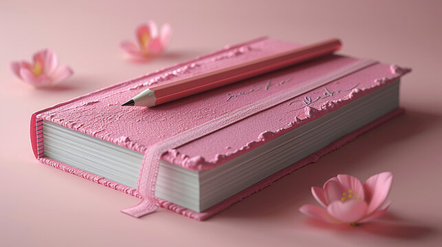 3d render illustration of book stock with pencil on pink color background professional photography