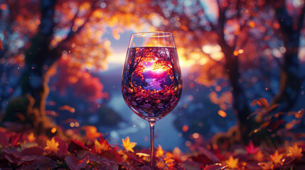 Fantastic forest in a wine glass, neon lights, realistic, glow - obrazy, fototapety, plakaty