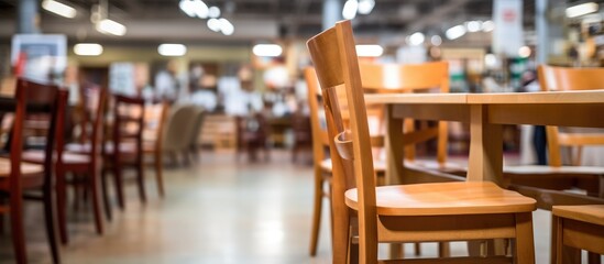 Many wooden chairs and tables are arranged in a large room. The furniture is on display, with a dining table set blurred in the foreground, in a furniture warehouse showroom in America. - obrazy, fototapety, plakaty
