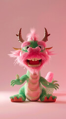 A happy fictional character toy, a stuffed dragon with magenta fur, pink hair, and horns, is sitting on a pink surface, creating a smileinducing art event