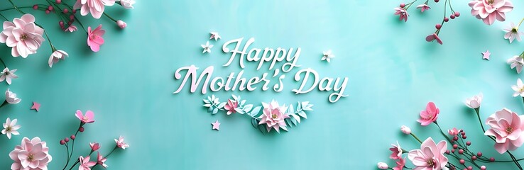 Fototapeta na wymiar Mother's Day banner with white writing, flowers on the edges, and turquoise background