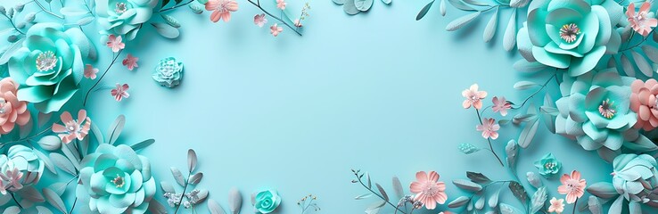 Banner with turquoise background and flowers around with space for writing in the middle