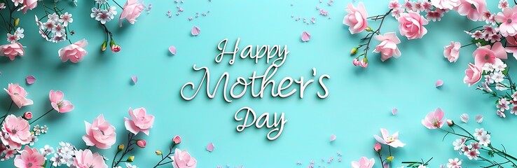 Obraz premium Happy Mother's Day written in thin and white font, flowers and petals around, on a turquoise background