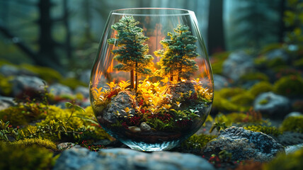 Fantastic forest in a wine glass, neon lights, realistic, glow