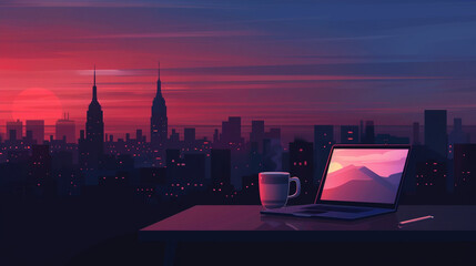 laptop on a desk, with a cup of coffee and a city skyline in background