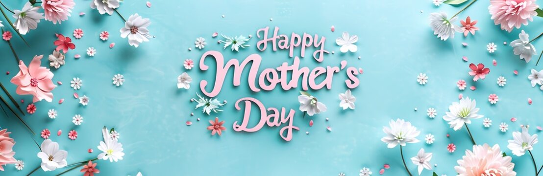 Banner Happy Mother's Day com flores rosa e branca em fundo turquesa