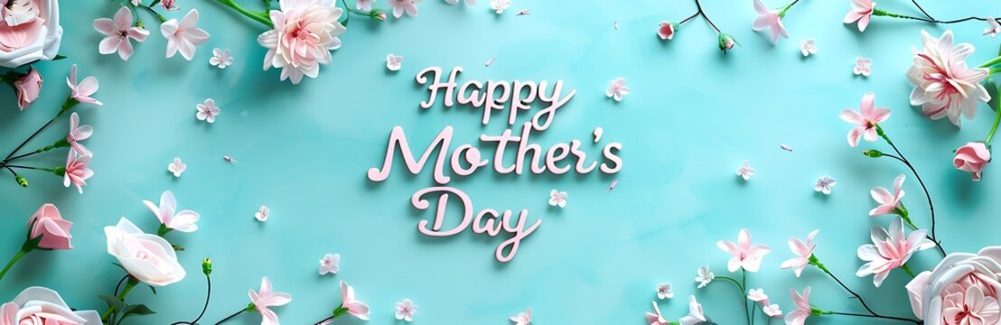 Happy Mother's Day writing shaded with flowers around and turquoise background