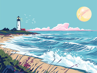 A cartoon lighthouse on the ocean shore under a moonlit sky