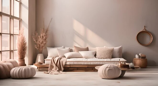 Boho chic home decor, soft textures with side copy space