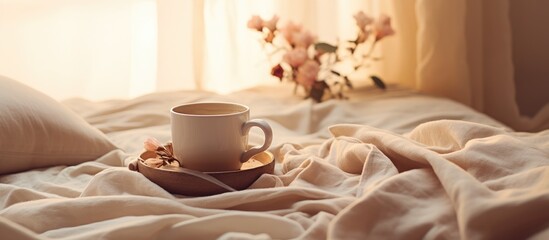 Fototapeta na wymiar A cup of fresh coffee is placed on a calm and cozy bed, creating a serene morning mood. The bed is softly illuminated by beautiful light, featuring organic and natural linen bedclothes.