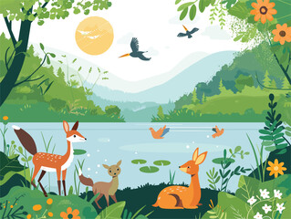 a group of animals are standing next to a river in a forest