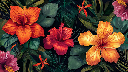 Create a vibrant botanical illustration featuring tropical plants and flowers in a seamless pattern