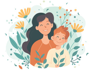 A smiling woman holds a happy child in her arms in front of beautiful flowers