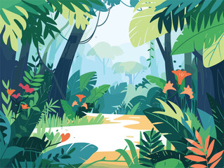 a cartoon illustration of a path through a lush green tropical forest