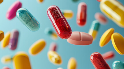 Vibrant pills and capsules of medicines and vitamins floating in the air.