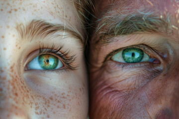 A hyperrealism close-up view of a teenager and the parent with their faces pressed close together, the intensity of their gaze conveys the depth of their connection and understanding. - obrazy, fototapety, plakaty
