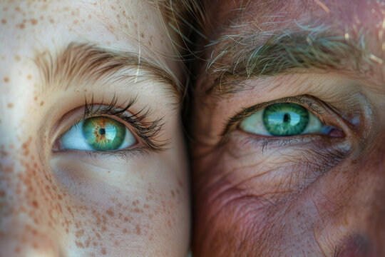 A hyperrealism close-up view of a teenager and the parent with their faces pressed close together, the intensity of their gaze conveys the depth of their connection and understanding.
