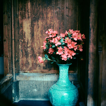 There are red flowers in the blue vase
