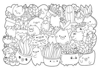 Anti-stress coloring book. Kawaii style. Indoor plants and flowers in pots. Cute characters with emotions. Vector illustration on white background