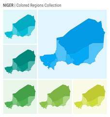 Niger map collection. Country shape with colored regions. Light blue, cyan, teal, green, light green, lime color palettes. Border of Niger with provinces for your infographic. Vector illustration.