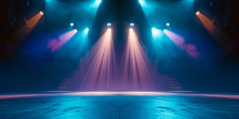 Stage Spotlight with Red and Blue Spotlights, Stage Scene Background. - obrazy, fototapety, plakaty