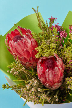 Close up of floristic composition of proteas and spring blossoms